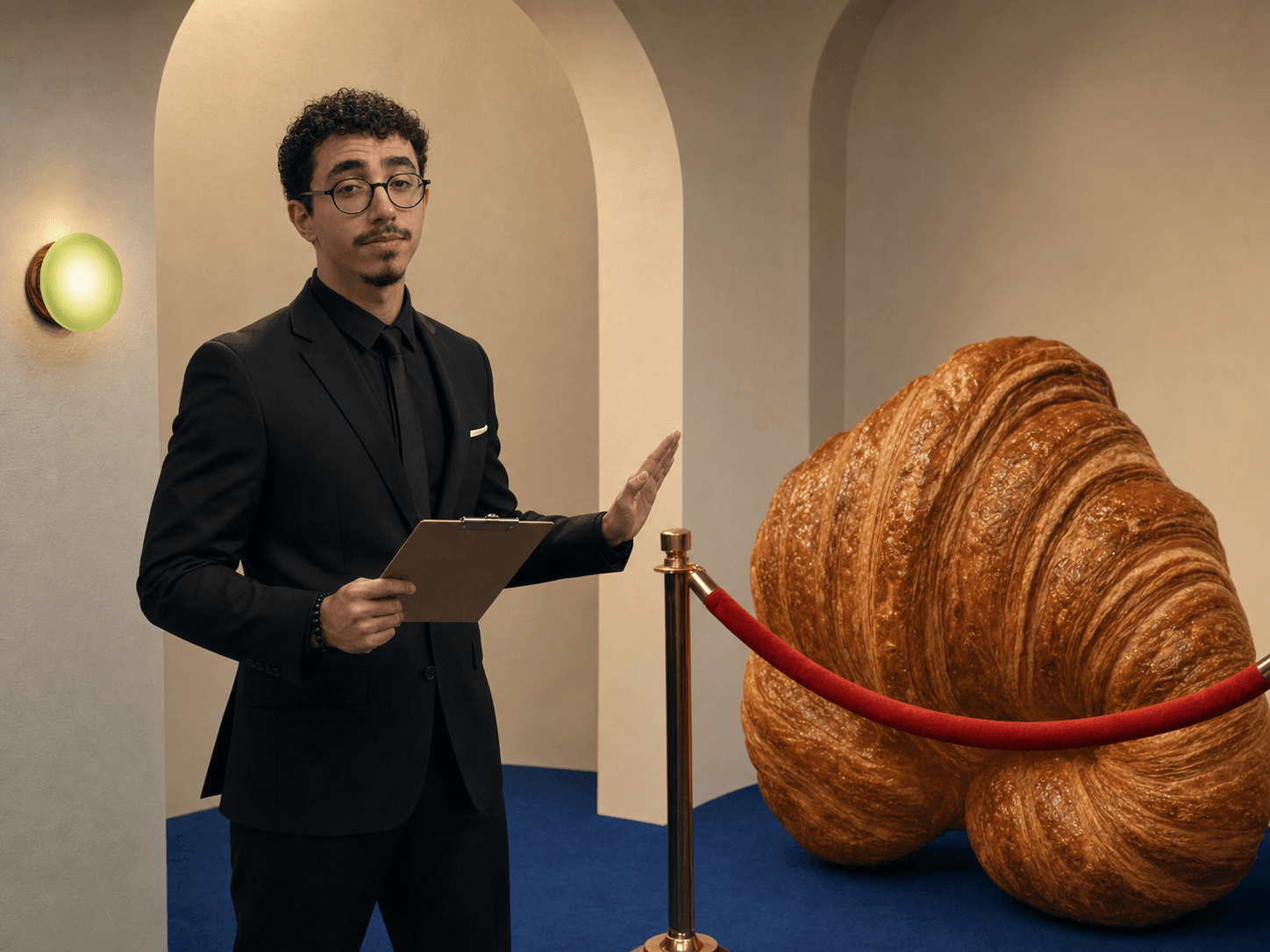 Charbel humorously refusing entry to a giant croissant