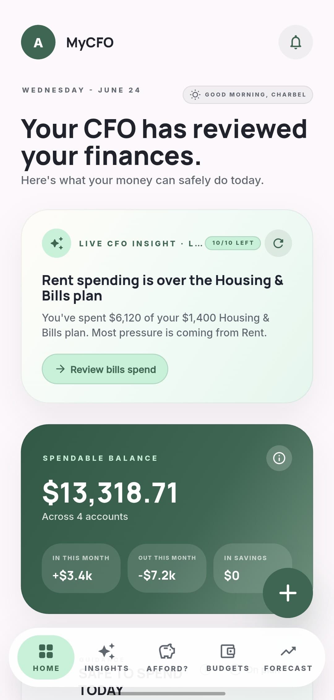 MyCFO mobile app home screen showing live CFO insight and spendable balance