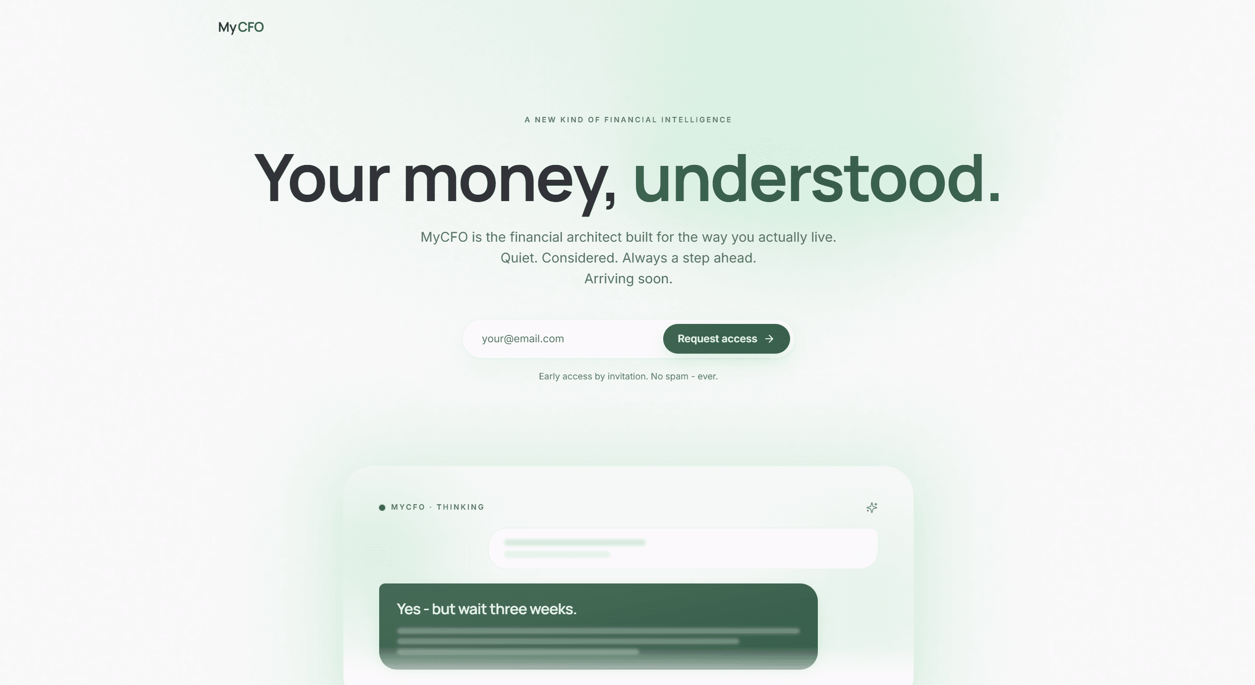 MyCFO launch website with the headline Your money, understood