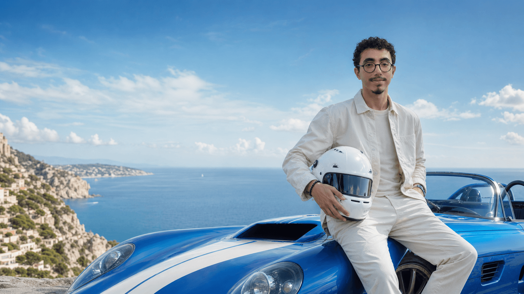 Charbel beside a blue racing car overlooking the Mediterranean